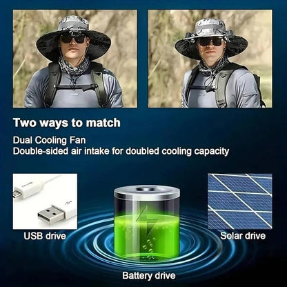 Solar Powered Cooling Hat with Dual Brim Fans and UPF 50+ Protection