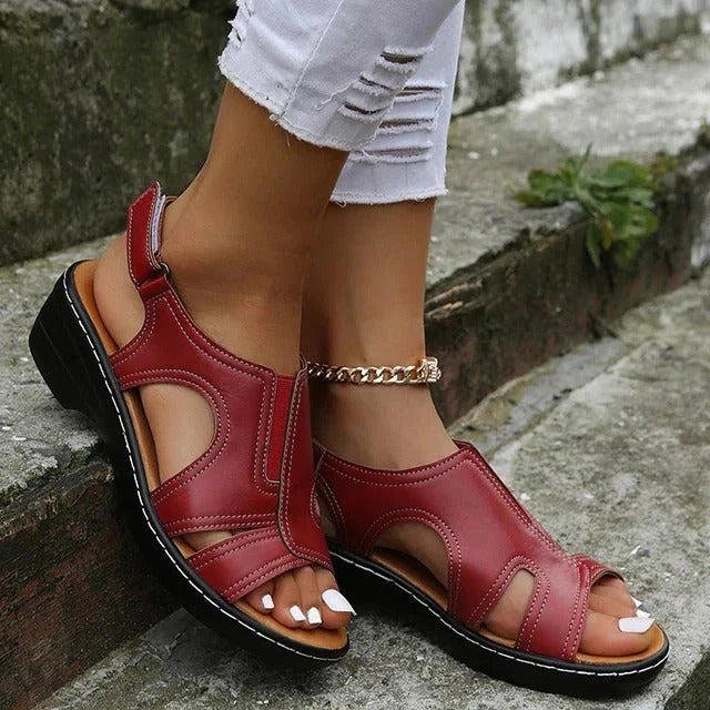 Leather Wedge Sandals with Arch Support and Cushioned Footbed