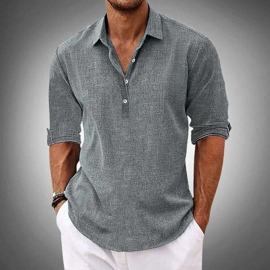 Linen Blend Shirt for Men with Button Placket and Classic Collar
