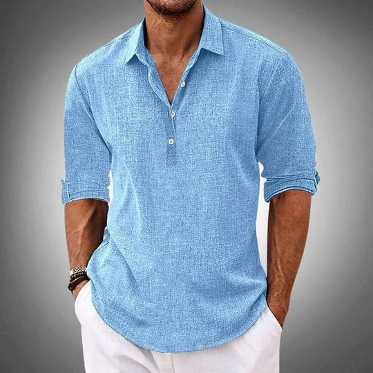 Linen Blend Shirt for Men with Button Placket and Classic Collar