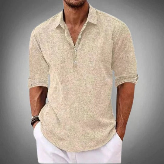 Linen Blend Shirt for Men with Button Placket and Classic Collar