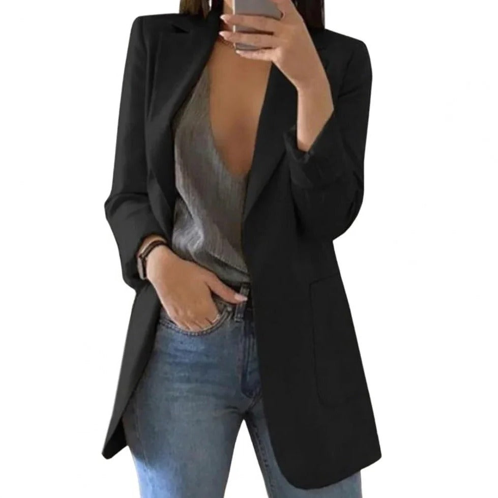 Long Blazer with Open Front Style and Fitted Cut for Work or Everyday Wear