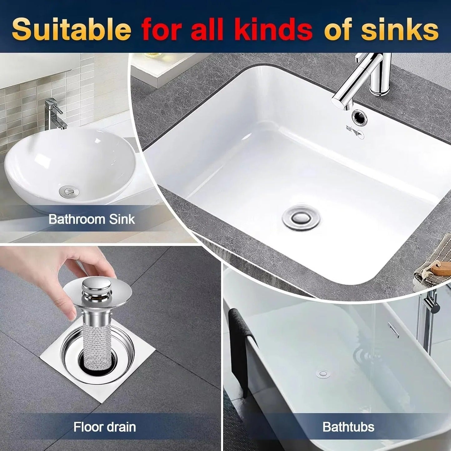 Pop-Up Drain Stopper with Removable Hair Catching Basket for Standard Sink Drains