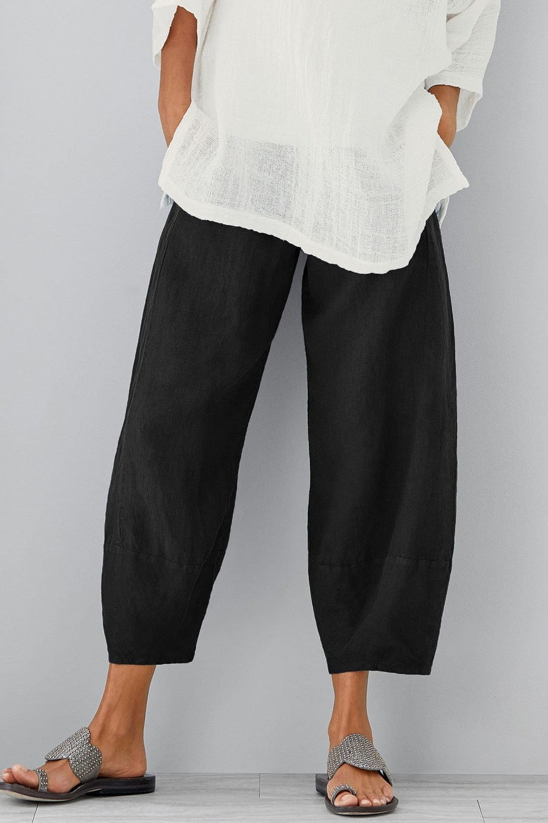 Relaxed Wide Leg Pants with High Rise Elastic Waist and Deep Pockets