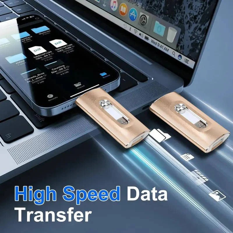 Phone Photo Backup Flash Drive with Swappable Connector Tips and Metal Housing