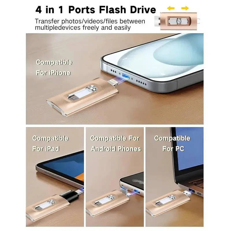 Phone Photo Backup Flash Drive with Swappable Connector Tips and Metal Housing