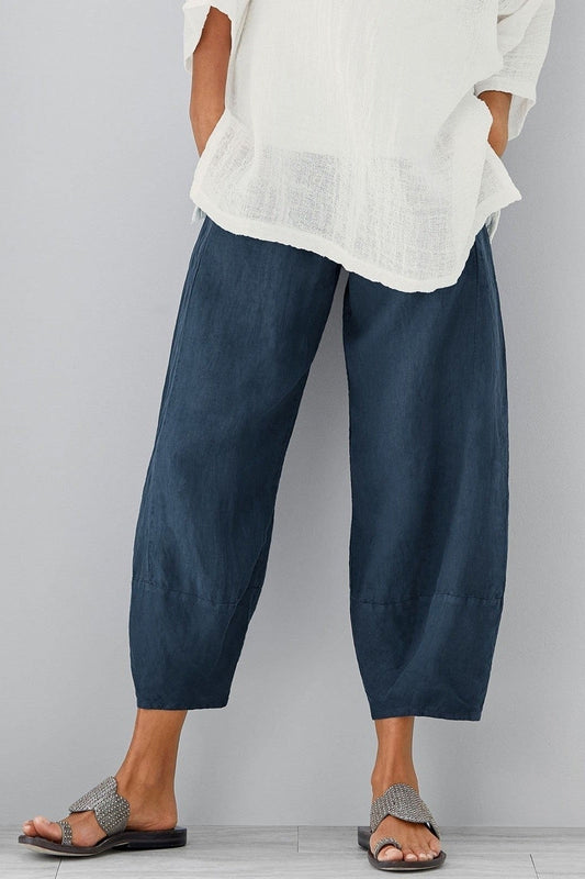 Relaxed Wide Leg Pants with High Rise Elastic Waist and Deep Pockets
