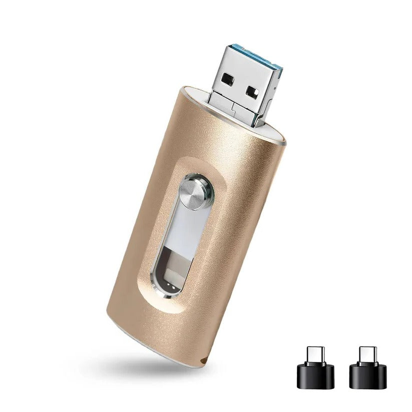 Phone Photo Backup Flash Drive with Swappable Connector Tips and Metal Housing