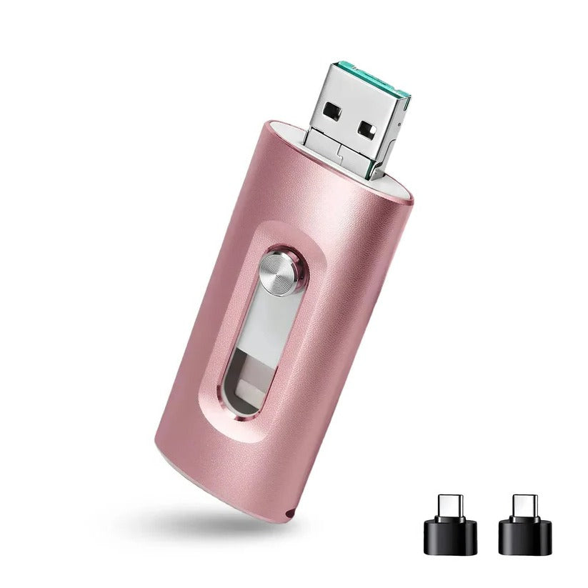 Phone Photo Backup Flash Drive with Swappable Connector Tips and Metal Housing