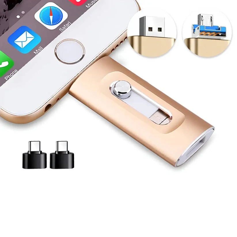 Phone Photo Backup Flash Drive with Swappable Connector Tips and Metal Housing