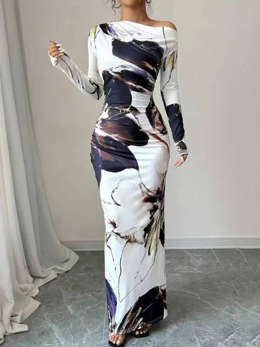 Bodycon Floral Print Maxi Dress with Asymmetrical Neckline