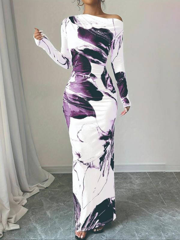 Bodycon Floral Print Maxi Dress with Asymmetrical Neckline