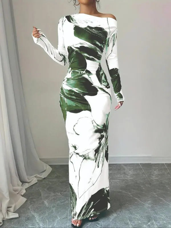 Bodycon Floral Print Maxi Dress with Asymmetrical Neckline