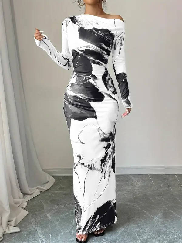 Bodycon Floral Print Maxi Dress with Asymmetrical Neckline