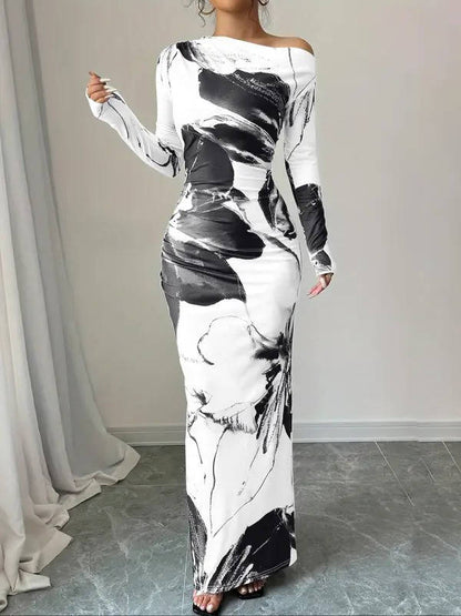 Bodycon Floral Print Maxi Dress with Asymmetrical Neckline