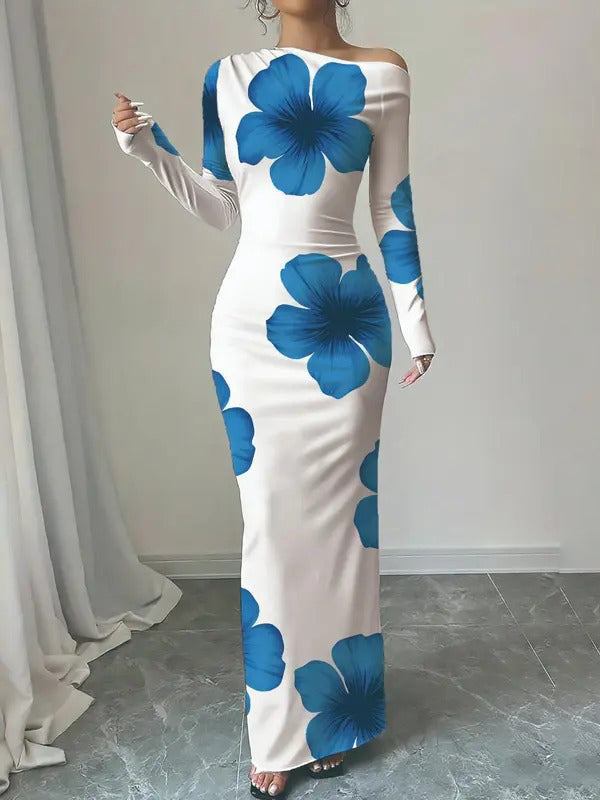 Bodycon Floral Print Maxi Dress with Asymmetrical Neckline