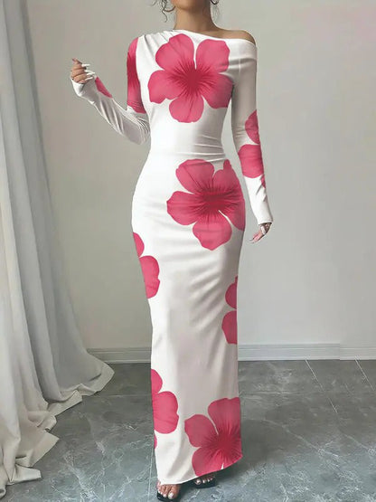 Bodycon Floral Print Maxi Dress with Asymmetrical Neckline