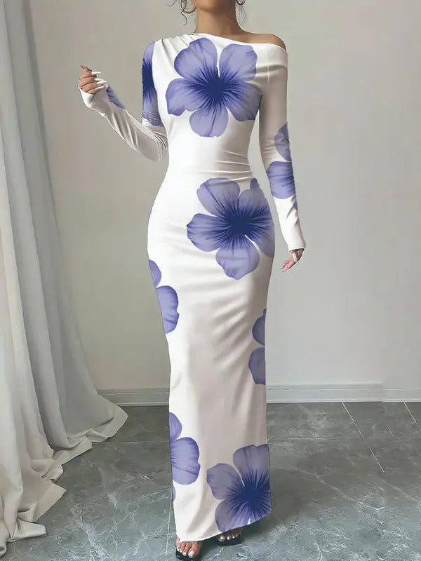 Bodycon Floral Print Maxi Dress with Asymmetrical Neckline