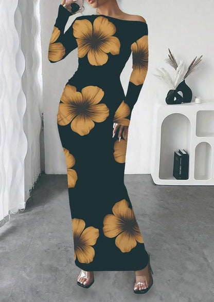 Bodycon Floral Print Maxi Dress with Asymmetrical Neckline