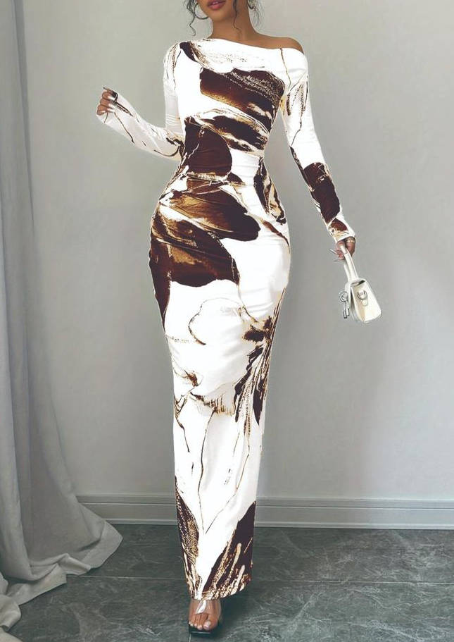 Bodycon Floral Print Maxi Dress with Asymmetrical Neckline