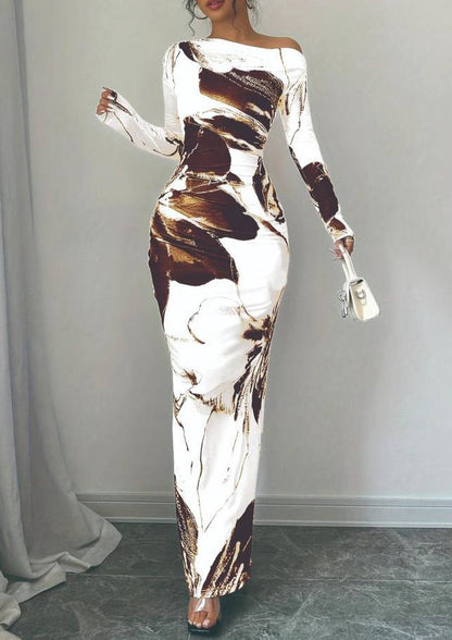 Bodycon Floral Print Maxi Dress with Asymmetrical Neckline