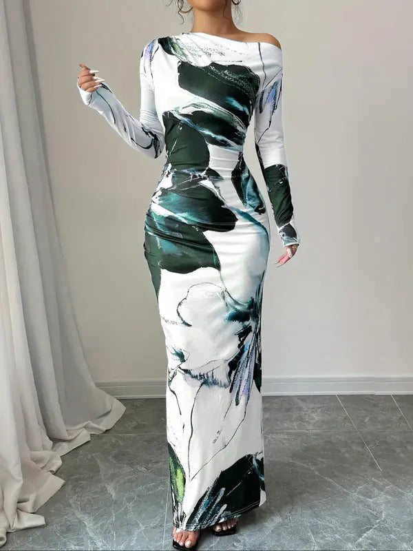 Bodycon Floral Print Maxi Dress with Asymmetrical Neckline