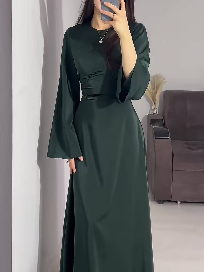 Elegant Satin Maxi Dress with Adjustable Back Lacing and Empire Waist