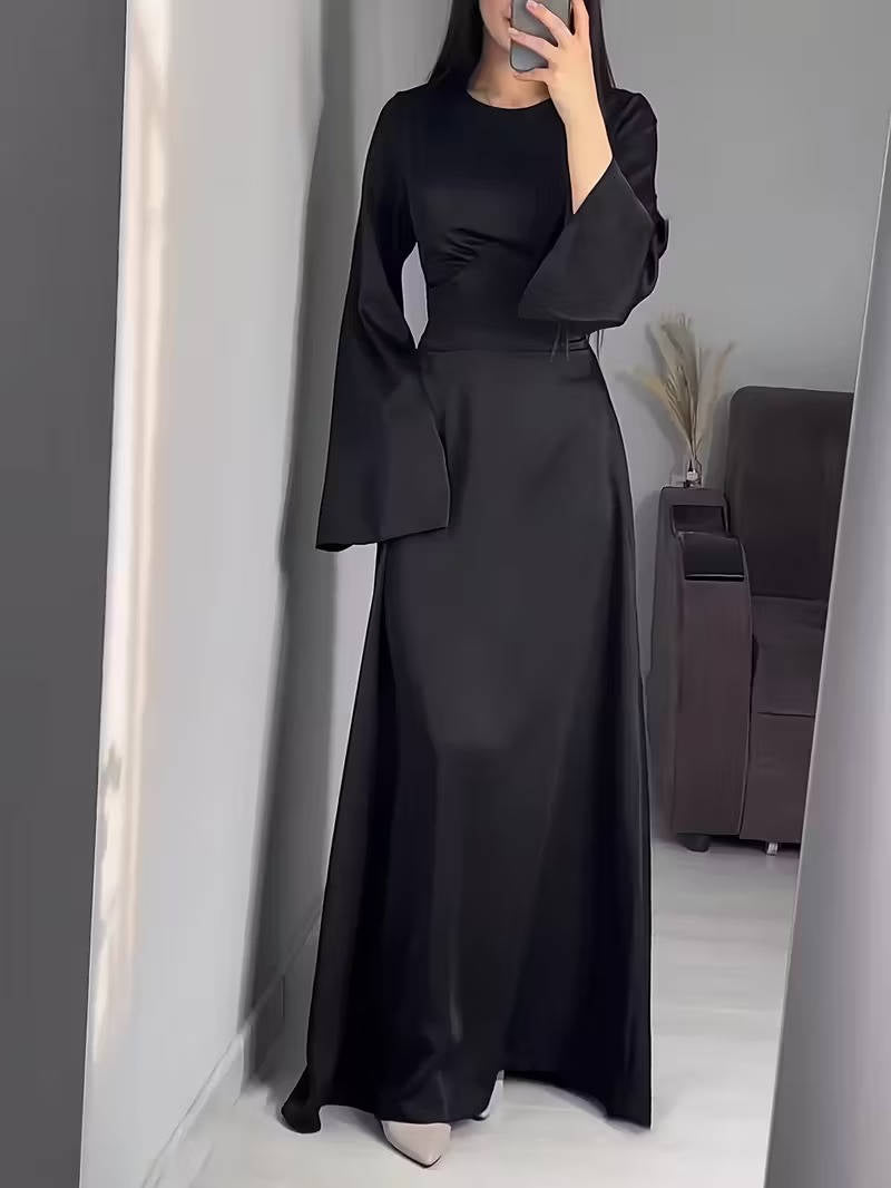 Elegant Satin Maxi Dress with Adjustable Back Lacing and Empire Waist