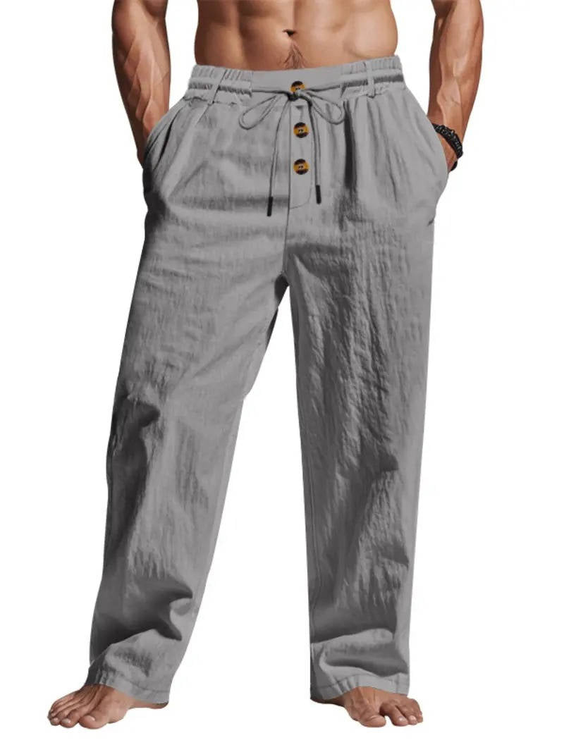 Men's Linen Pants with Wooden Button Closure and Elastic Drawstring, Deep Pockets
