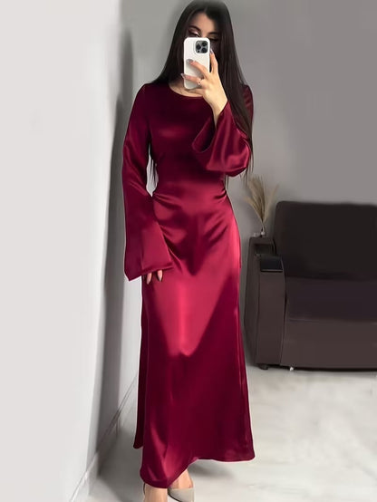 Elegant Satin Maxi Dress with Adjustable Back Lacing and Empire Waist