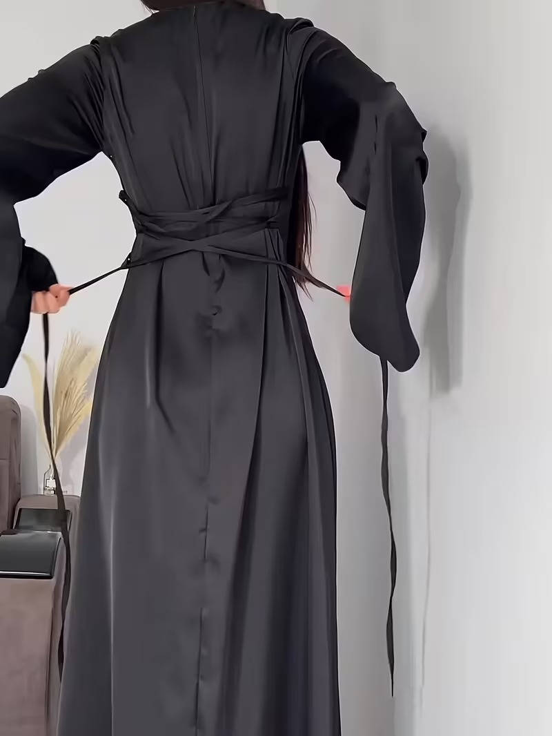 Elegant Satin Maxi Dress with Adjustable Back Lacing and Empire Waist