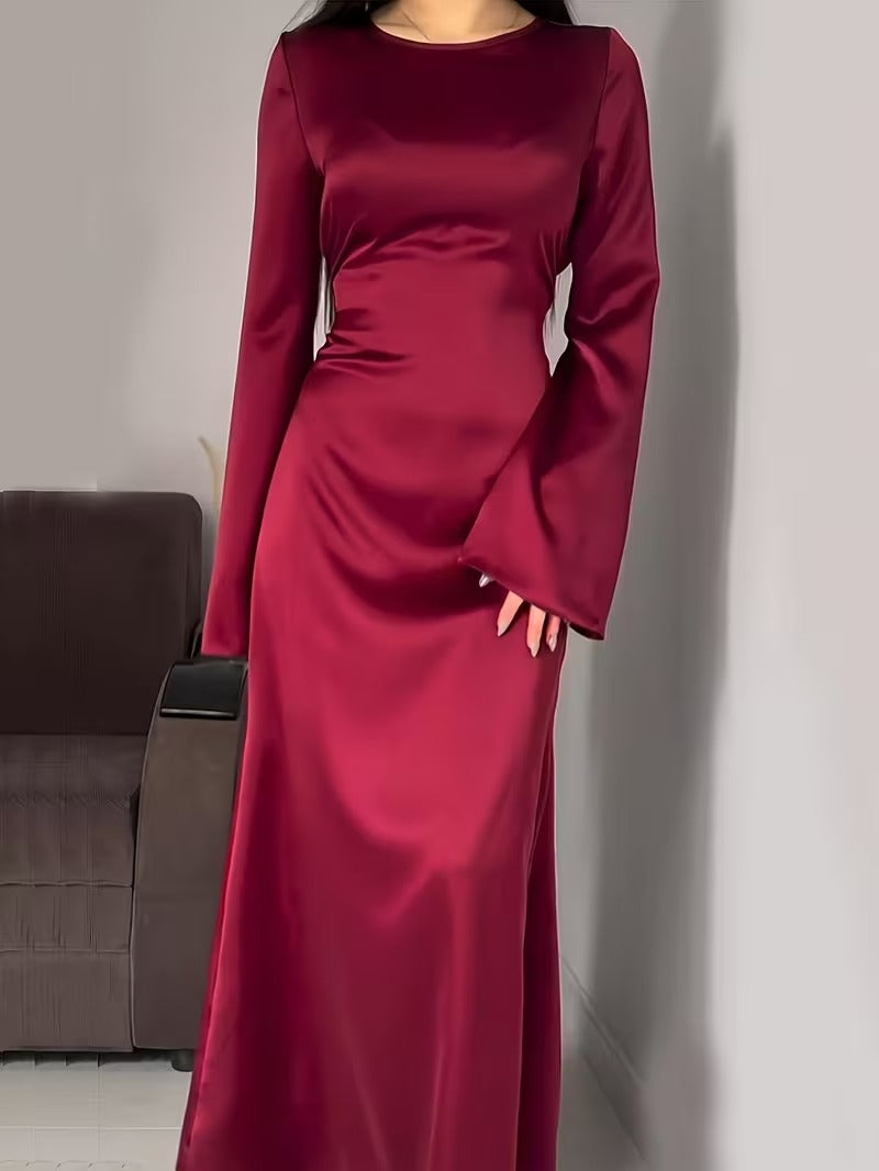 Elegant Satin Maxi Dress with Adjustable Back Lacing and Empire Waist