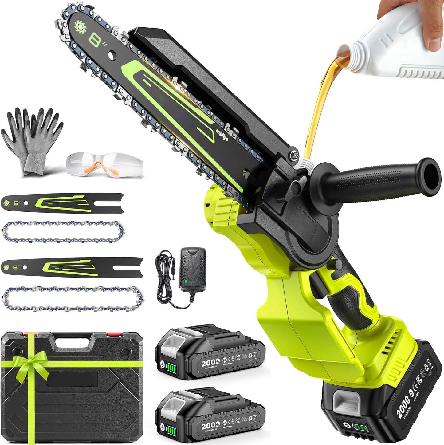 Cordless Mini Chainsaw with Dual Guide Bars and Two Rechargeable Batteries, 1000W Brushless Motor