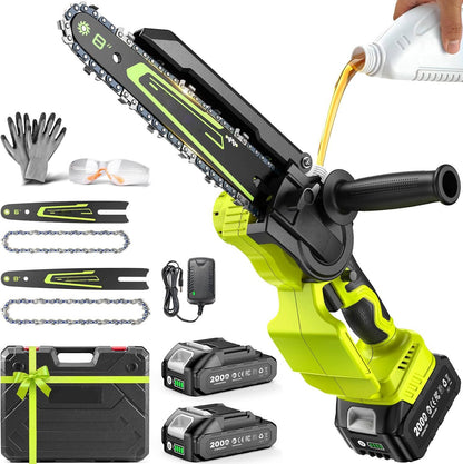 Cordless Mini Chainsaw with Dual Guide Bars and Two Rechargeable Batteries, 1000W Brushless Motor