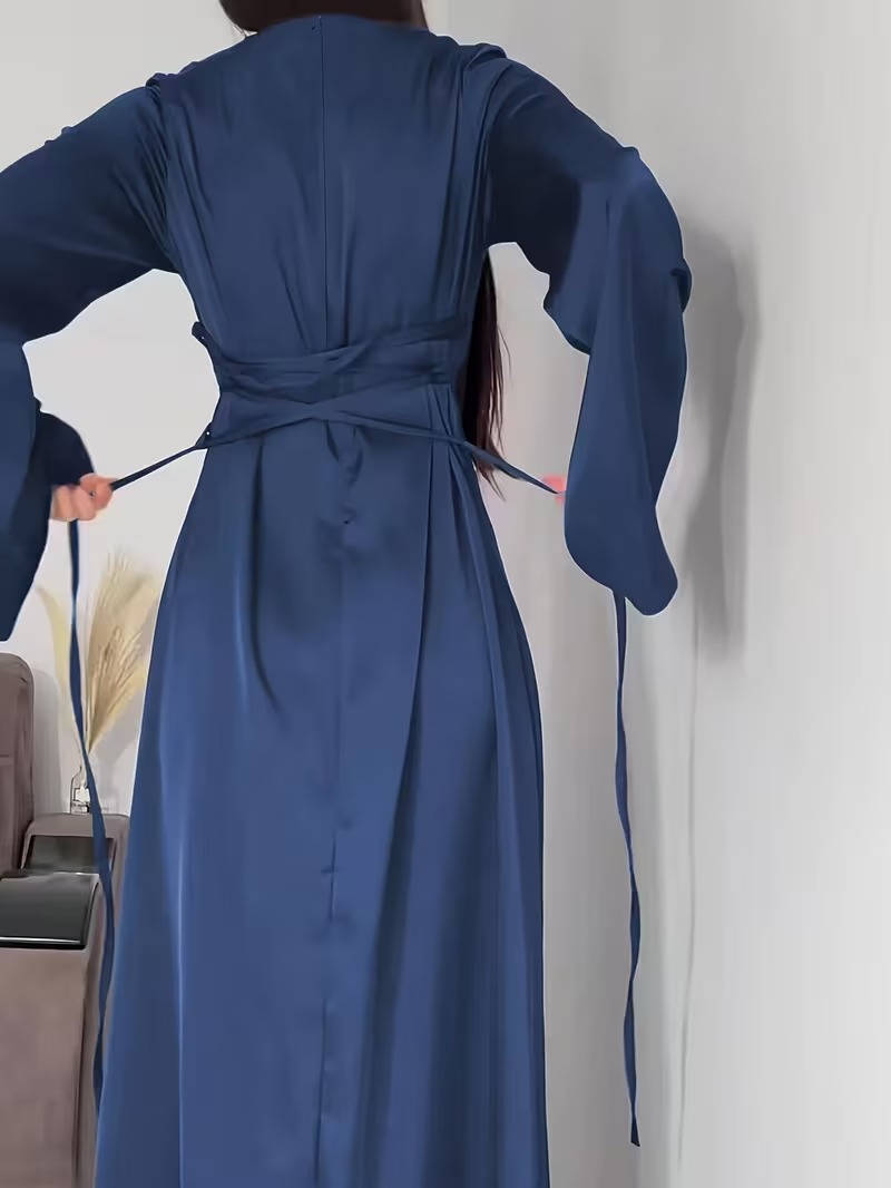 Elegant Satin Maxi Dress with Adjustable Back Lacing and Empire Waist