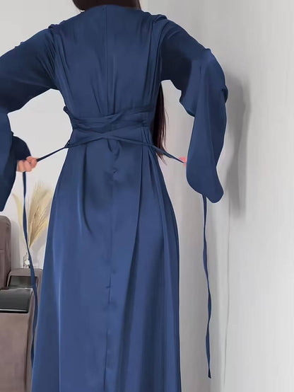 Elegant Satin Maxi Dress with Adjustable Back Lacing and Empire Waist