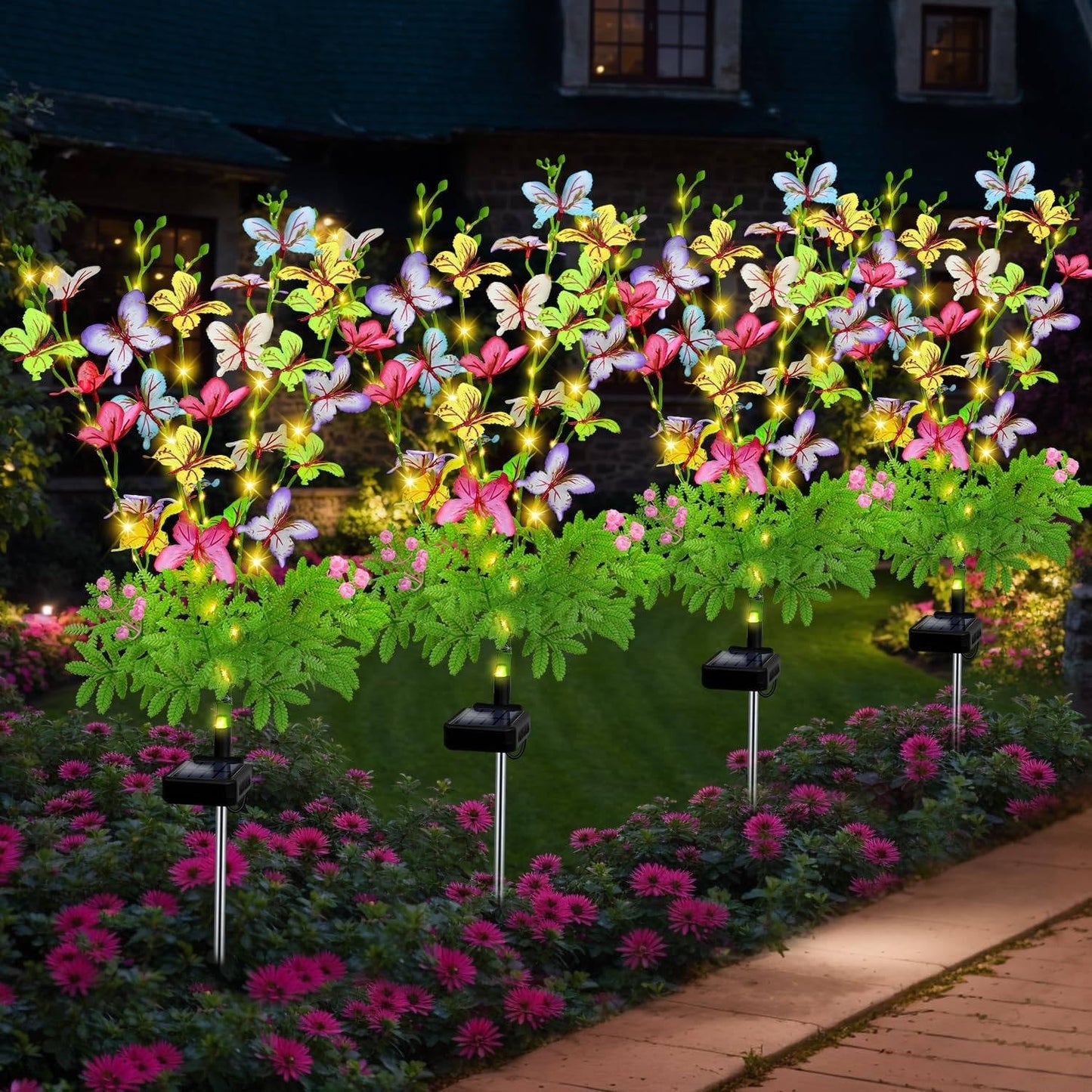 Solar Flower Garden Lights with Automatic Dusk Sensor and Aluminum Stakes, 4 Pack