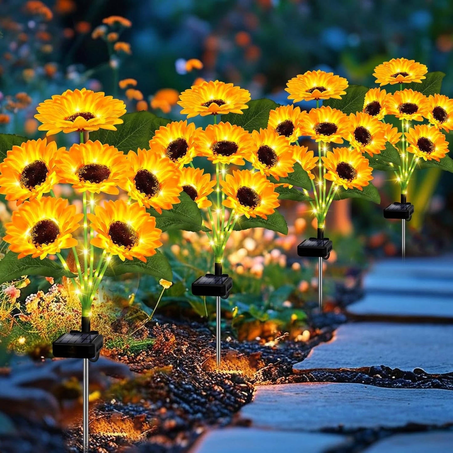 Solar Flower Garden Lights with Automatic Dusk Sensor and Aluminum Stakes, 4 Pack