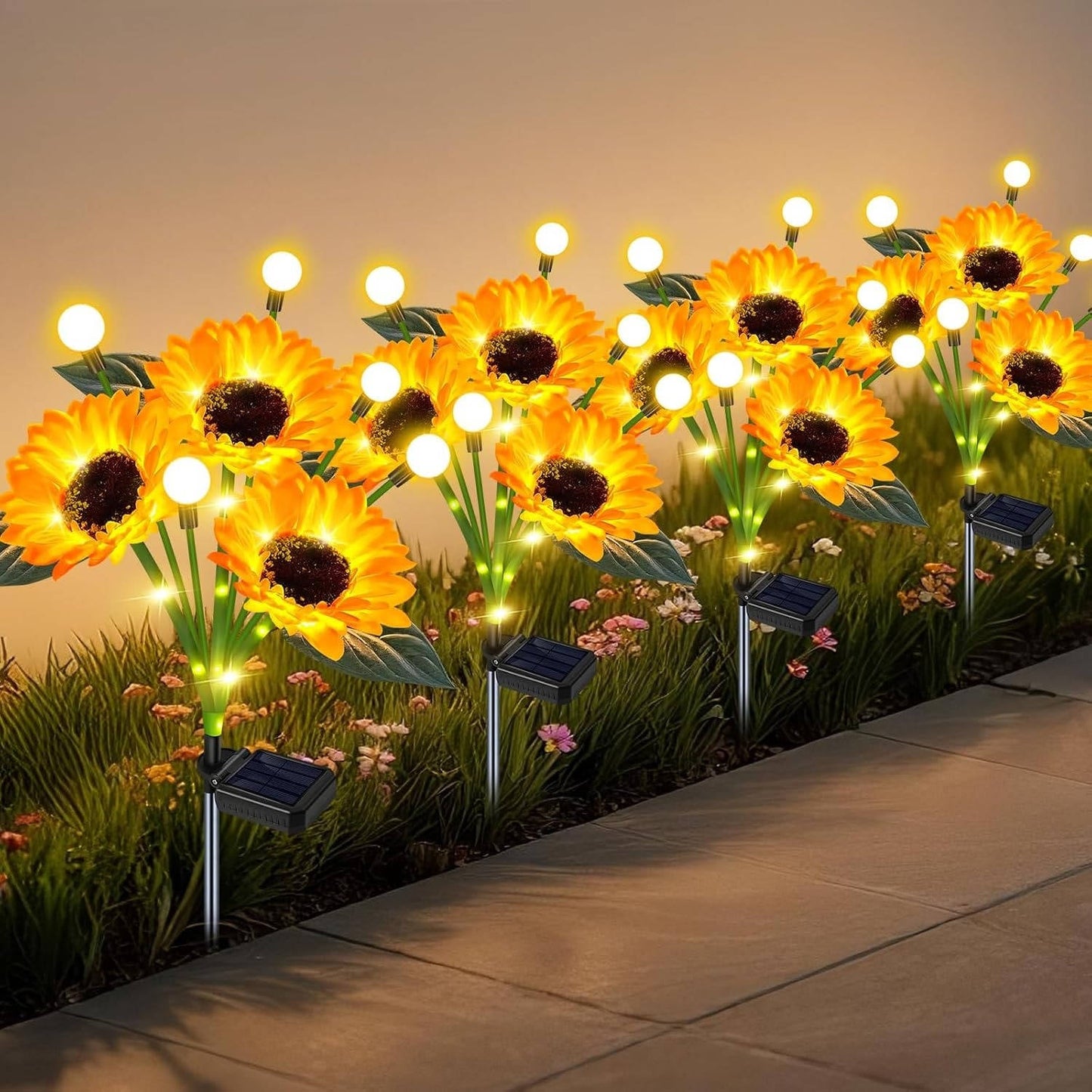 Solar Flower Garden Lights with Automatic Dusk Sensor and Aluminum Stakes, 4 Pack