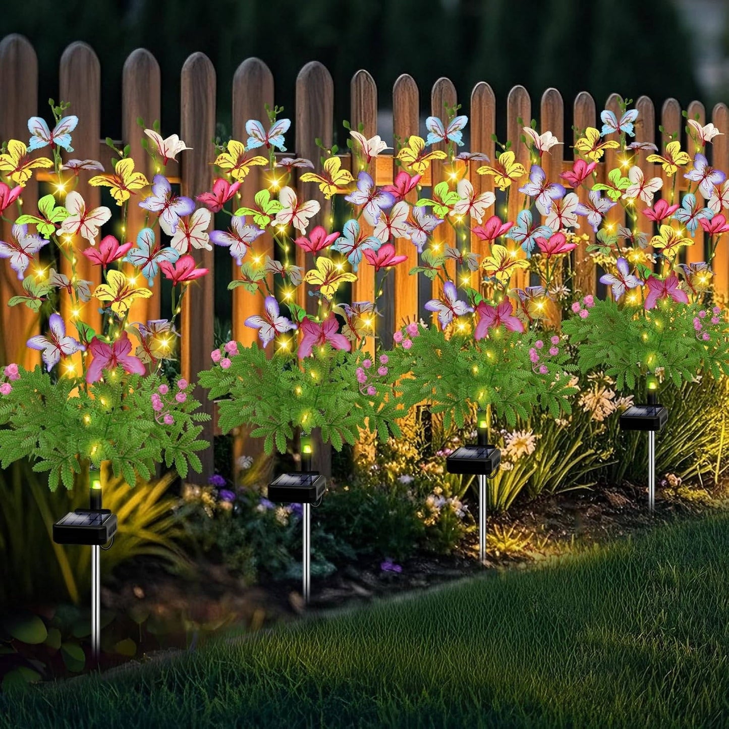 Solar Flower Garden Lights with Automatic Dusk Sensor and Aluminum Stakes, 4 Pack
