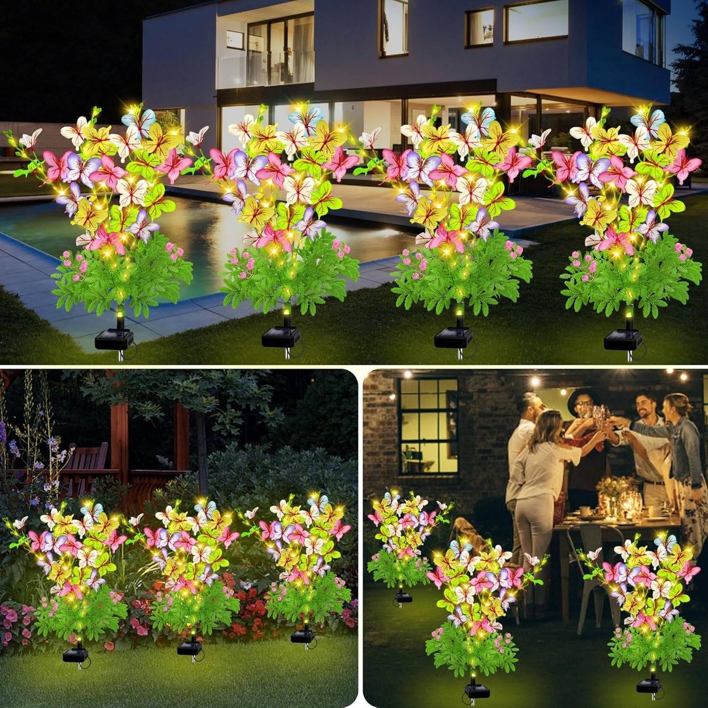 Solar Flower Garden Lights with Automatic Dusk Sensor and Aluminum Stakes, 4 Pack