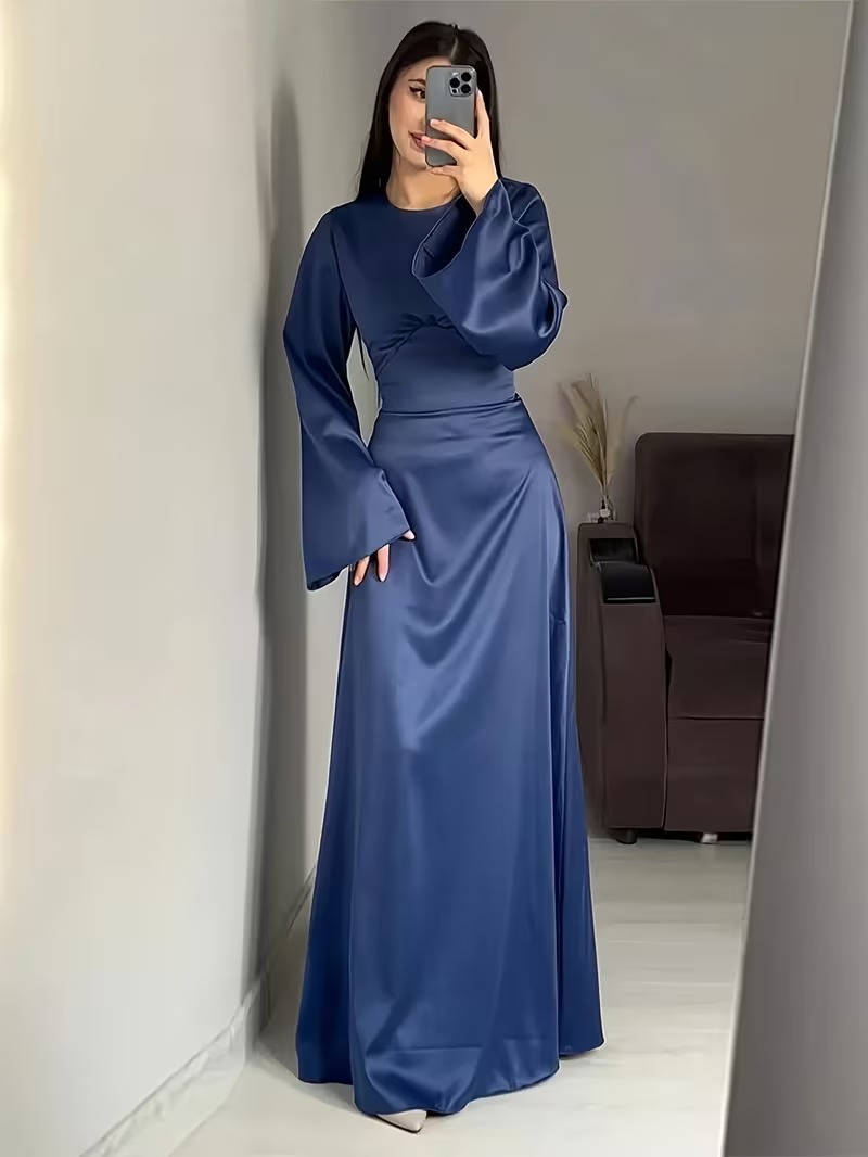Elegant Satin Maxi Dress with Adjustable Back Lacing and Empire Waist