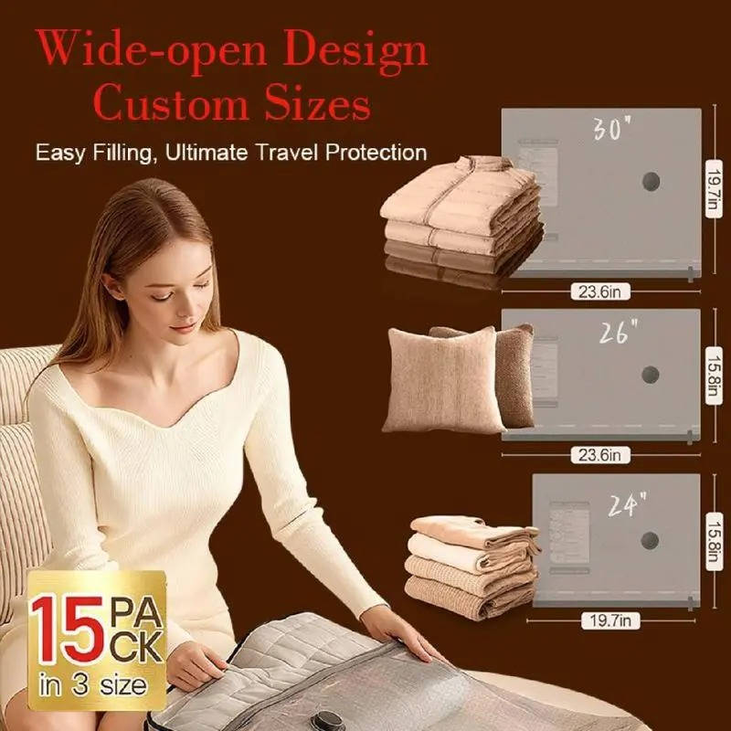 Vacuum Compression Bags with Cordless Pump and 15-Piece Set for Travel Storage