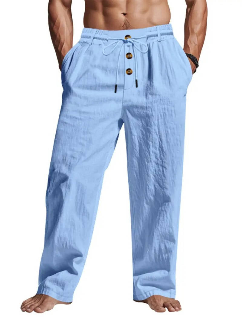 Men's Linen Pants with Wooden Button Closure and Elastic Drawstring, Deep Pockets