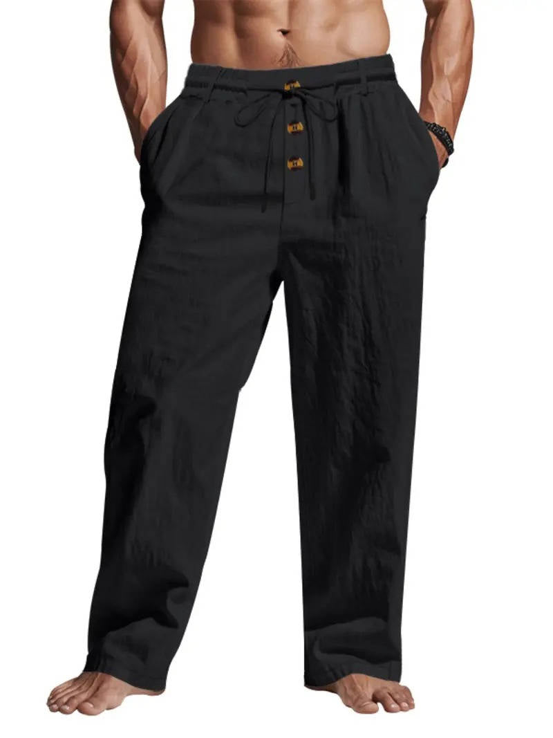 Men's Linen Pants with Wooden Button Closure and Elastic Drawstring, Deep Pockets
