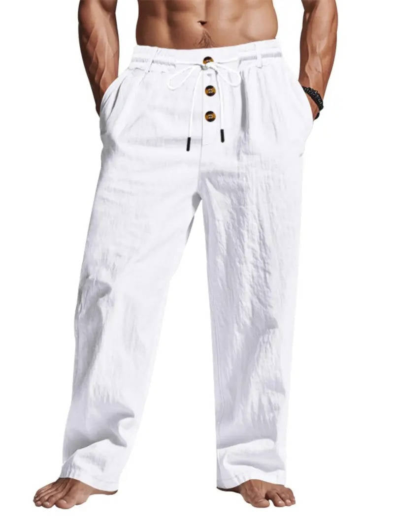 Men's Linen Pants with Wooden Button Closure and Elastic Drawstring, Deep Pockets