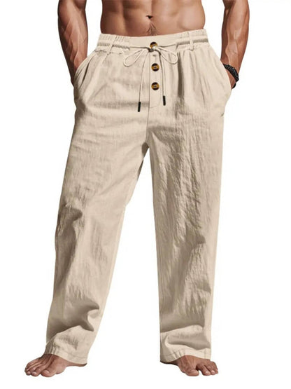 Men's Linen Pants with Wooden Button Closure and Elastic Drawstring, Deep Pockets