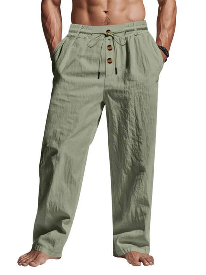 Men's Linen Pants with Wooden Button Closure and Elastic Drawstring, Deep Pockets