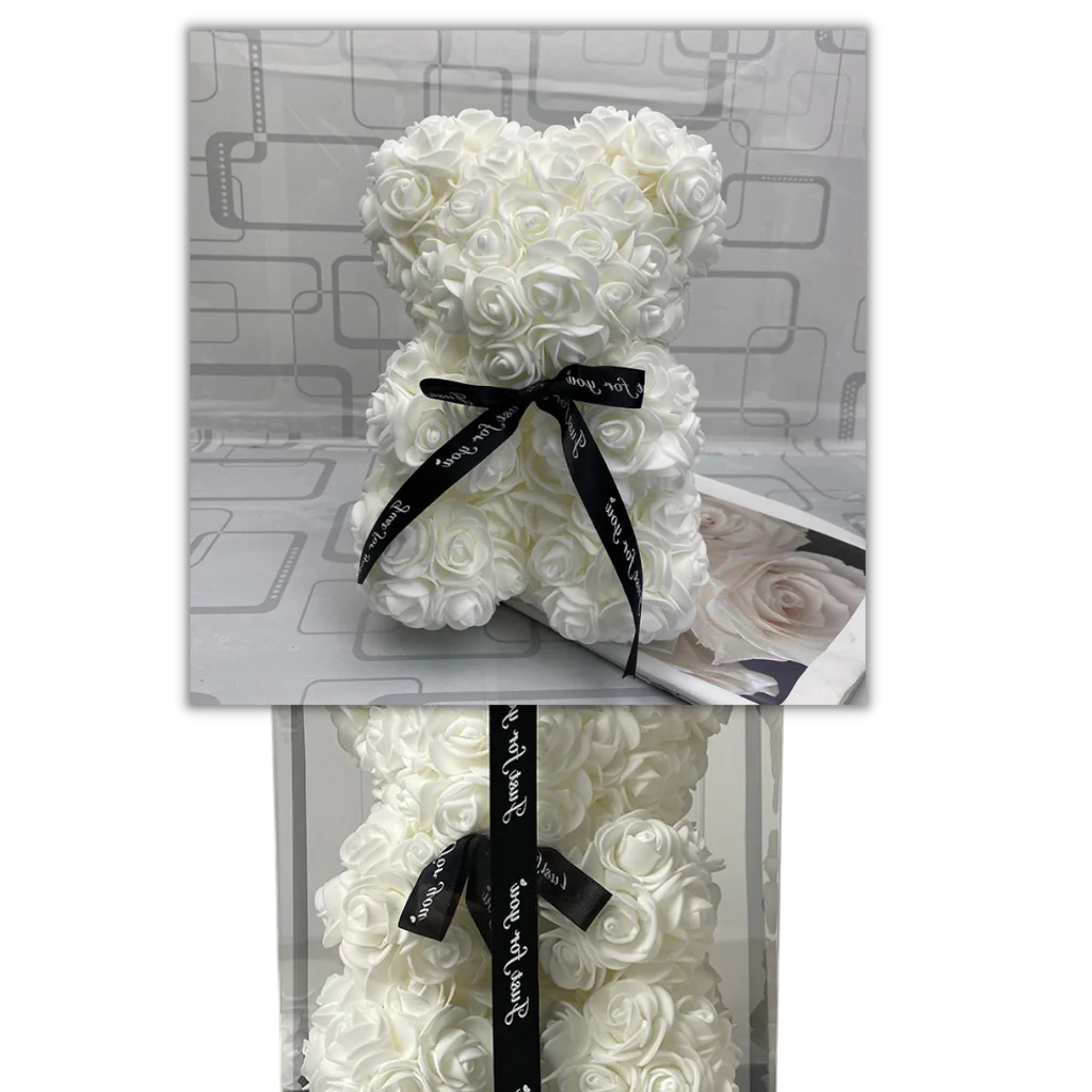 Foam Rose Teddy Bear with Synthetic Petals and Ribbon Neck Accent