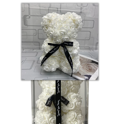 Foam Rose Teddy Bear with Synthetic Petals and Ribbon Neck Accent
